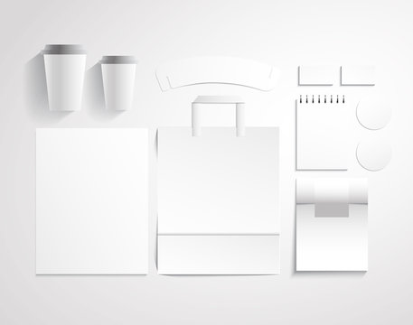 Blank mock up Corporate design vector illustration. Blank templates cups, bags, businescard and notebook