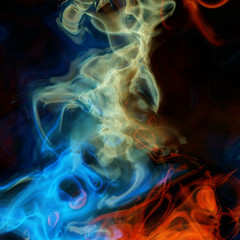 Whisp abstract colored smoke in the dark, digital illustration art work.