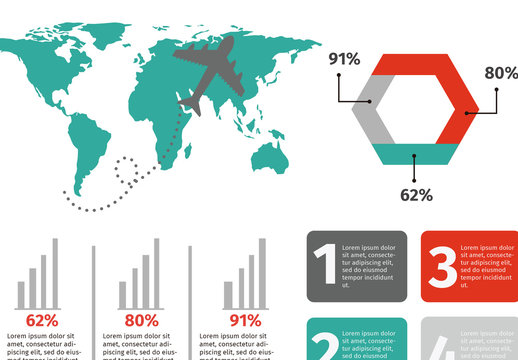 Red And Teal Travel World Map Flight Infographic Template