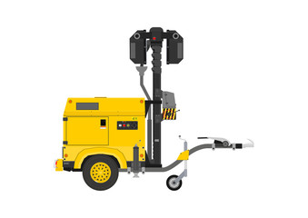 Yellow mobile light tower. Side view. Flat vector.