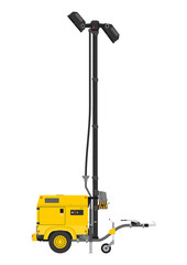 Yellow mobile light tower. Side view. Flat vector.