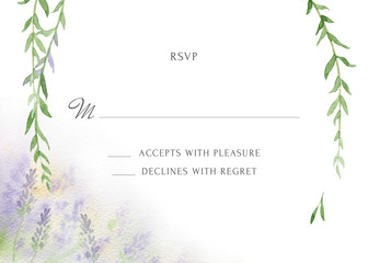 Rustic wedding design of RSVP card with watercolor lavender elements and tree branches. Template with the place for your text. © twins_nika