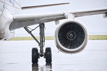 front view biof g jet plane turbine reactor in an airport
