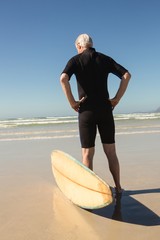 Rear view of man standing by surfboard on shore