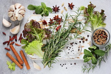 Herbs and spices. Overhead view. 