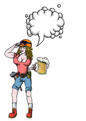 Cartoon image of hard working woman with beer. An artistic freehand picture. With speech bubble.