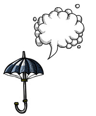 Cartoon image of Umbrella Icon. Shelter symbol. An artistic freehand picture. With speech bubble.