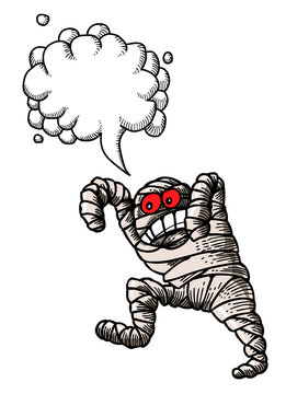 Cartoon image of bandaged mummy. An artistic freehand picture. With speech bubble.