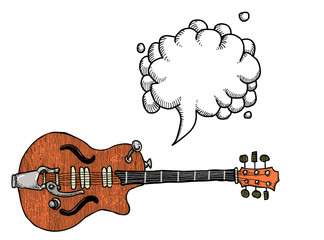 Cartoon image of electric guitar. An artistic freehand picture. With speech bubble.