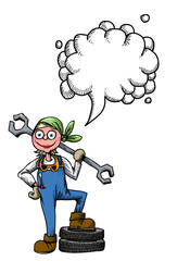 Cartoon image of female mechanic. An artistic freehand picture. With speech bubble.