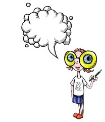 Cartoon image of geeky girl. An artistic freehand picture. With speech bubble.