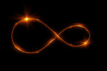 Lighting 3d infinity symbol. Beautiful glowing signs..Sparkling rings. Swirl icon on black background..Luminous trail effect. Colorful isolated sparkling loop.