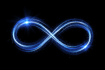 Lighting 3d infinity symbol. Beautiful glowing signs..Sparkling rings. Swirl icon on black background..Luminous trail effect. Colorful isolated sparkling loop. - obrazy, fototapety, plakaty