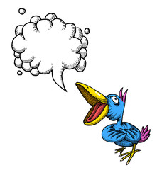 Cartoon image of singing bird. An artistic freehand picture. With speech bubble.
