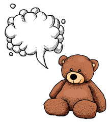 Cartoon image of teddy bear. An artistic freehand picture. With speech bubble.