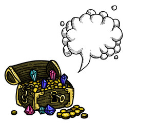 Cartoon image of treasure chest. An artistic freehand picture. With speech bubble.