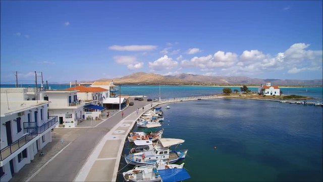 Drone flight over the main village on the island of Elafonisos in Greece