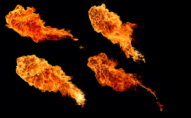 High resolution collection of flame, four large flames isolated on a black background