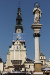 Fototapeta na wymiar part of the monastery of Jasna Gora in Czestochowa and the statue of Our Lady