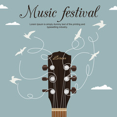 Guitar neck with strings turn into white birds in blue sky. Music festival flyer