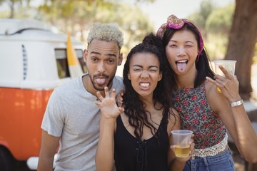 Portrait of friends making face on field
