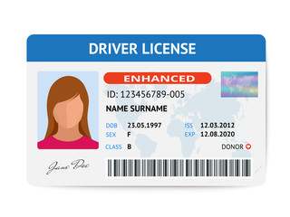 Obraz premium Flat woman driver license plastic card template, id card vector illustration