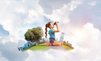 Concept of careless happy childhood with girl looking in future © adam121