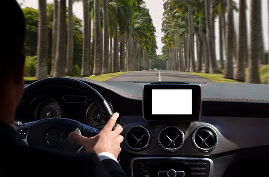 Man driving car with isolated screen on dashboard, trough palm street