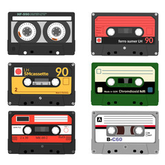 Set of retro audio cassettes. Tape and audio, music and sound, media and record
