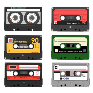 Set of retro audio cassettes. Tape and audio, music and sound, media and record