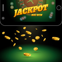 Casino background with mobile phone, roulette, chips and falling golden coins. Vector casino banner with an inscription the jackpot