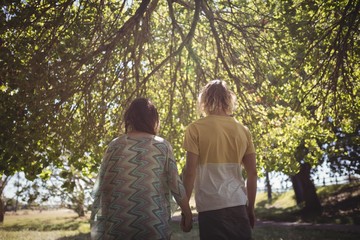 Rear view of couple holding hands while standing on field