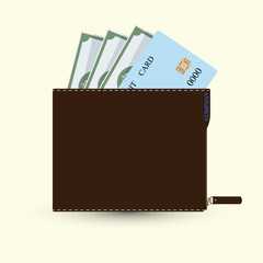 Flat wallet with card and cash. Vector illustration icon Modern design