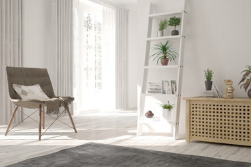White modern room with armchair. Scandinavian interior design. 3D illustration