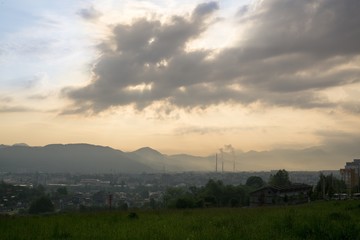 Sunrise and sunset over the hills and town. Slovakia