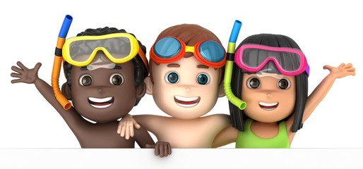 3d render of a kids wearing swimwear and goggles with a blank board