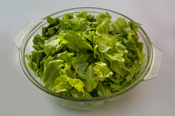 Lettuce and green salad in the bowl on the table