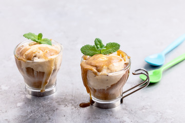 Cold brew iced coffee with caramel sauce