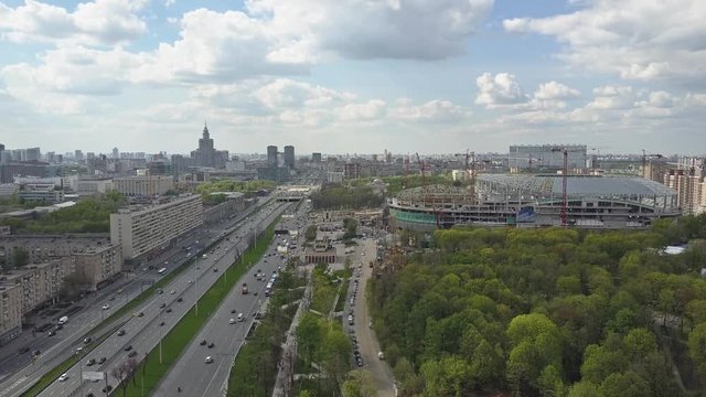 Aerial shot of Leningradsky prospekt in Moscow, one of major city avenues. 4K video