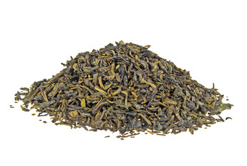 Heap of dry green tea isolated on white background