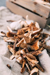 Dried mushrooms of various shapes.
