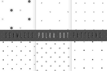 Seamless polka dot patter. Set of simple dotted grey textures. Abstract background collection