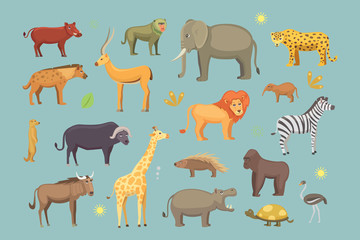 African animals cartoon vector set. safari isolated illustration