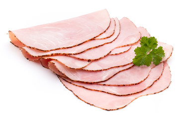Thin slices of ham on white background.