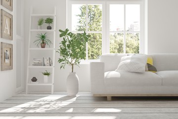 White room with sofa and green landscape in window. Scandinavian interior design. 3D illustration