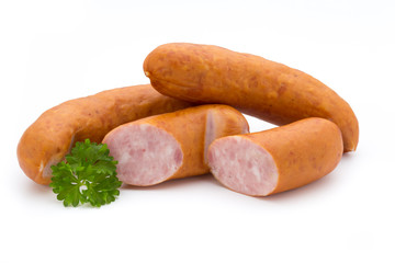 Sausage and spices isolated on white background, fresh delicious frankfurter.
