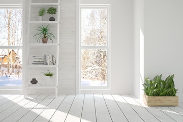 White empty room with winter landscape in window. Scandinavian interior design. 3D illustration