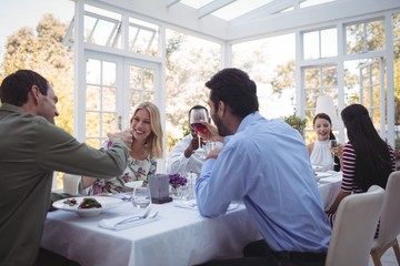 Group of friends toasting glasses of wine during lunch