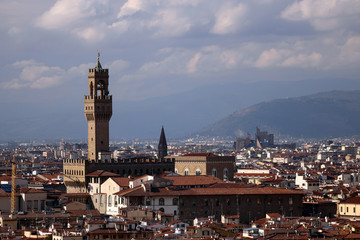 Fototapeta na wymiar Palazzo Vecchio and Arnolfo’s Tower above piazza della Signoria in Florence, Italy