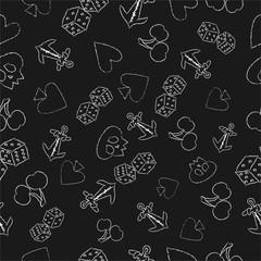 Seamless texture with white elements of cards and fruits